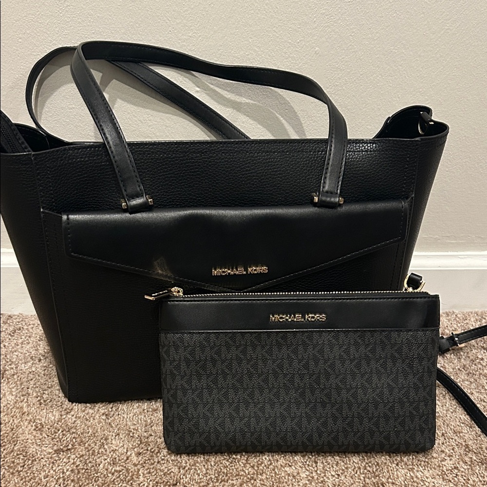 Lot of 2 Michael Kors Black Leather Tote Purse and Crossbody Purse Handbag